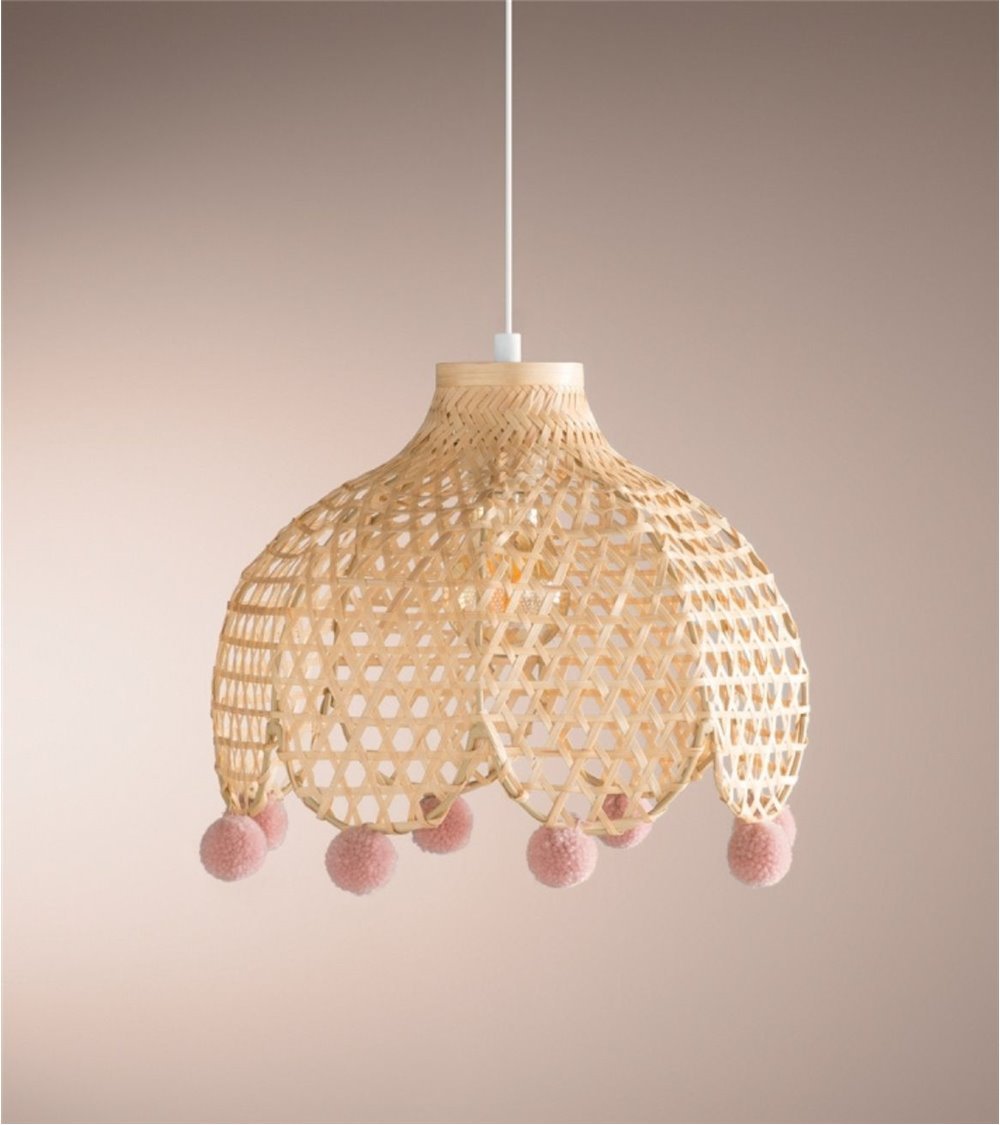 Lámpara de Techo Infantil de Bambú con Pompones