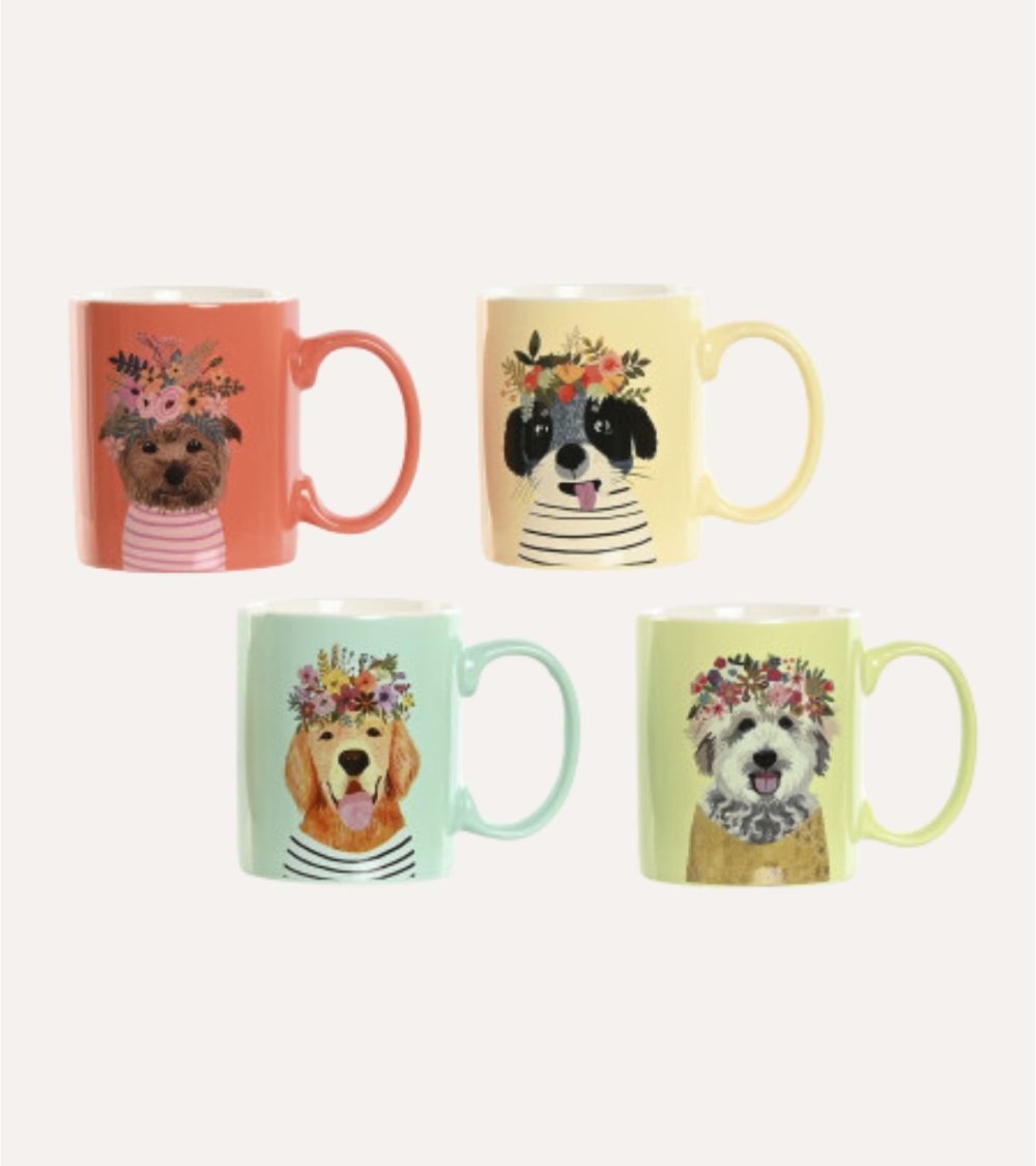 Taza Mug de Perro con Flores de Porcelana