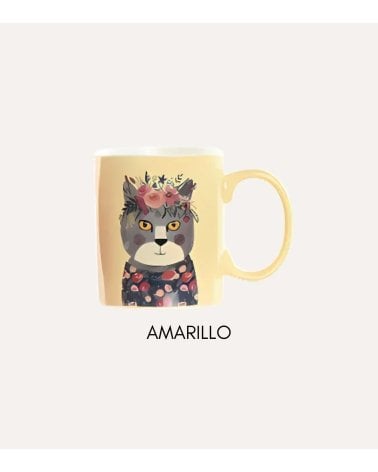 Taza Mug de Gato con Flores de Porcelana