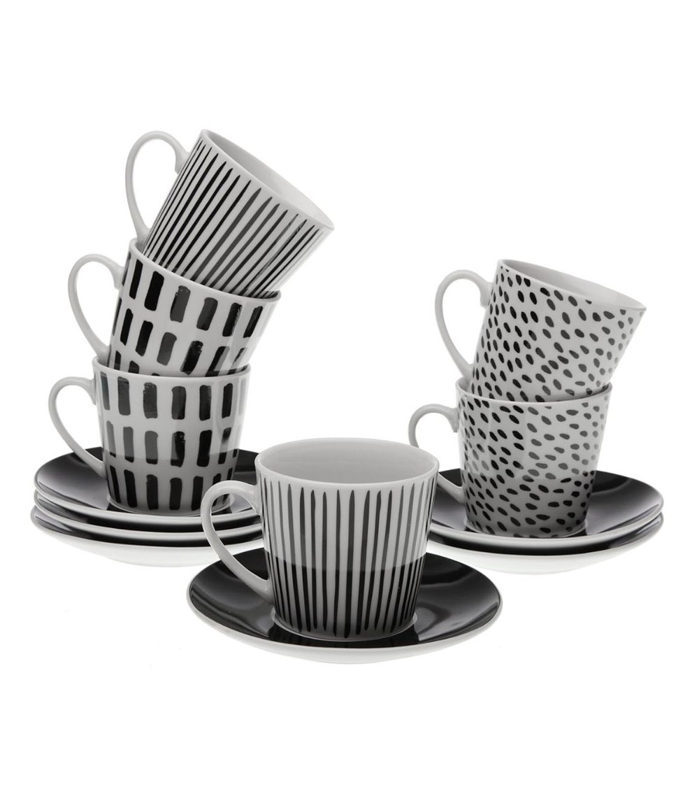 YOLIFE Juego de tazas de café y platillos de porcelana con soporte de  exhibición y cucharas, juego de tazas de té de cerámica con borde negro de  7