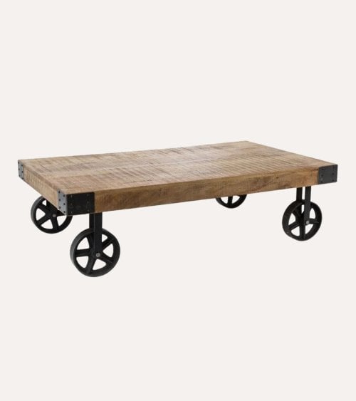 Mesa de Centro Baja con Ruedas de Madera y Metal