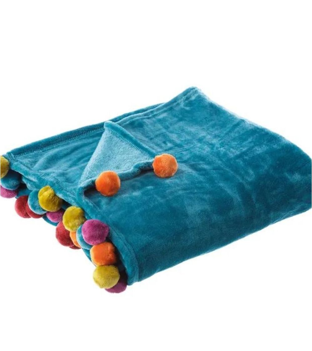 Manta de Sofá Tacto Melocotón con Pompones en Colores